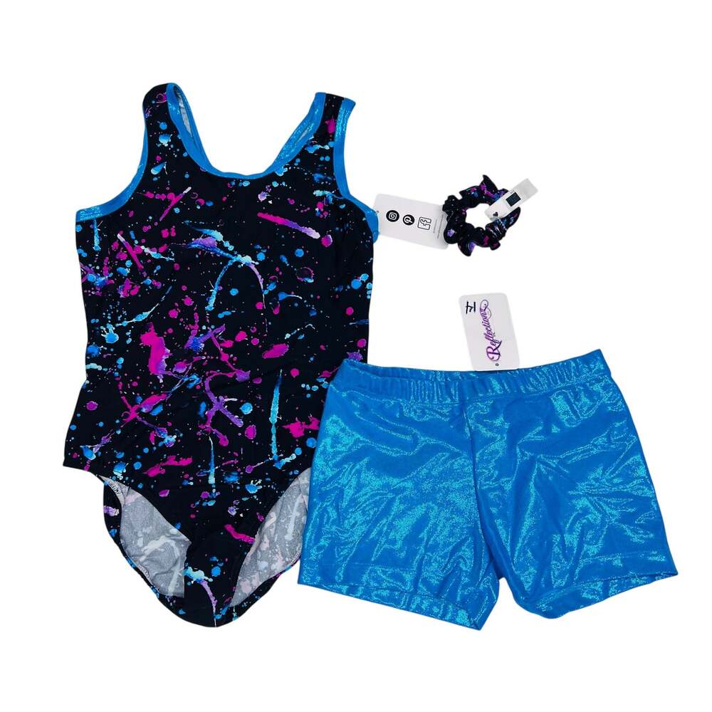 NWT Reflectionz Size 14 Paint Splatter Leotard in Fuschia & Turquoise